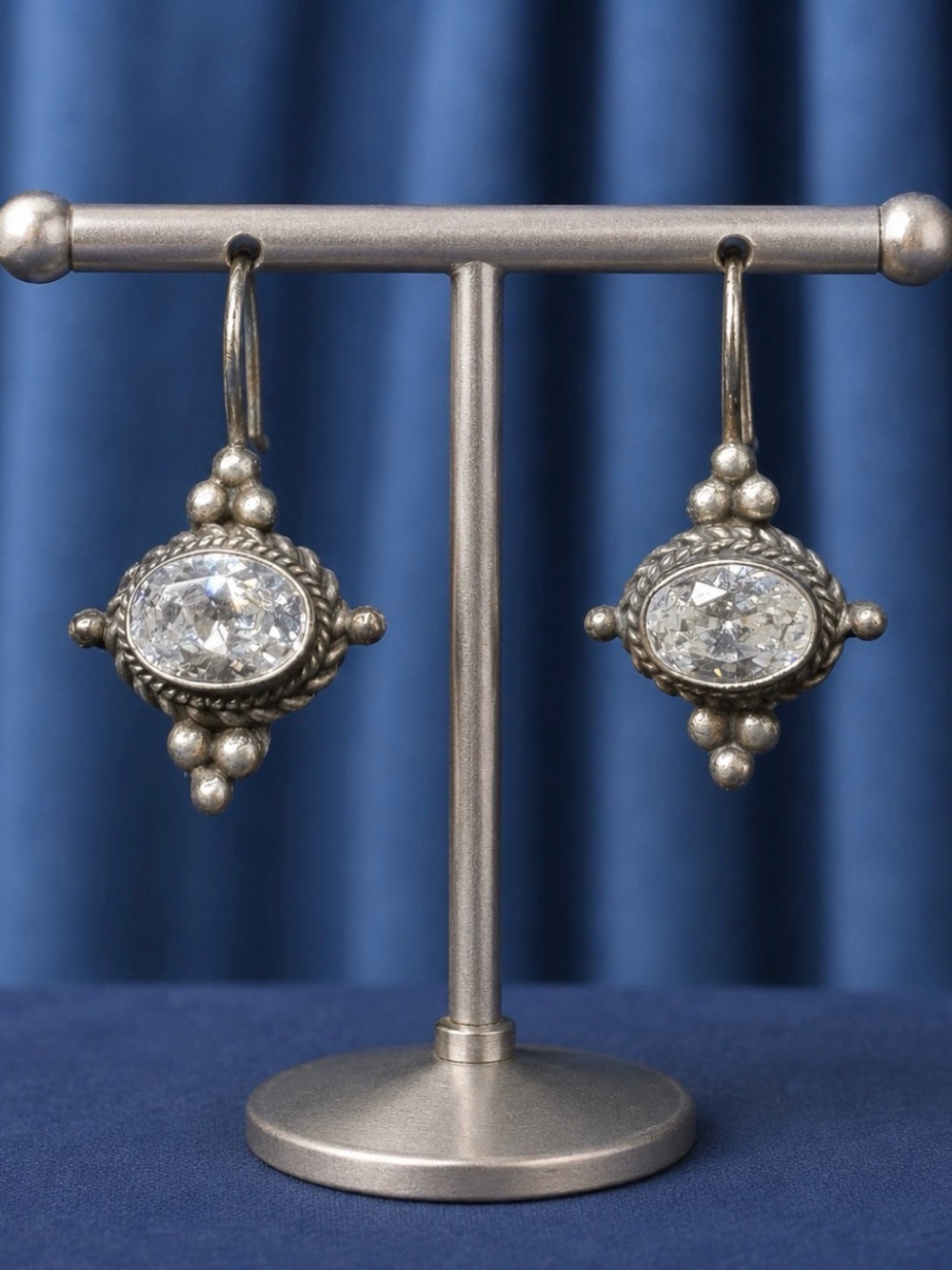 Earrings Vintage Drop 925 Sterling Silver Faceted Crystal Pierced Hinged